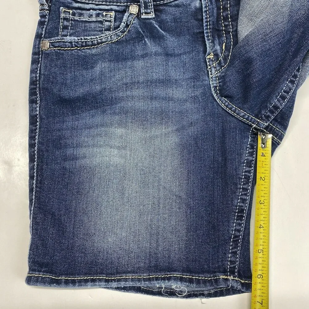 Silver Suki Mid Shorts 27 Blue Stretch Denim Jean Dark Wash Distressed